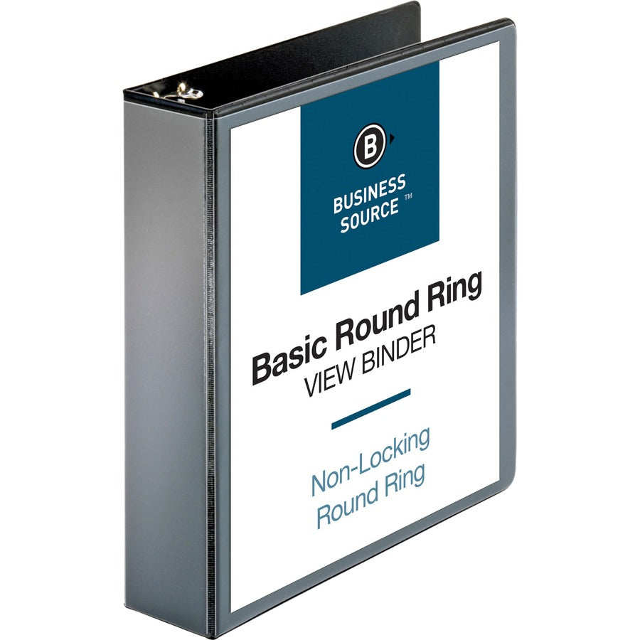 Business Source Round-ring View Binder - 2" Binder Capacity - Letter - 8 1/2" x 11" Sheet Size - 475 Sheet Capacity - Fastener: Round Ring - Pocket: 2, Internal - Polypropylene, Chipboard - Black - Wrinkle-free, Gap-free Ring, Clear Overlay, Non Lockin...