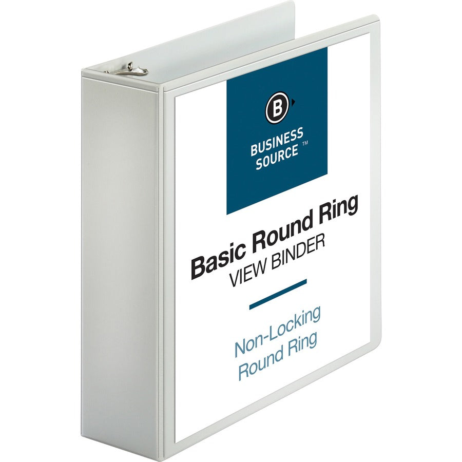 Business Source Round-ring View Binder - 3" Binder Capacity - Letter - 8 1/2" x 11" Sheet Size - 625 Sheet Capacity - Fastener: Round Ring - Pocket: 2, Internal - Polypropylene - White - Wrinkle-free, Gap-free Ring, Clear Overlay, Non Locking Mechanism...
