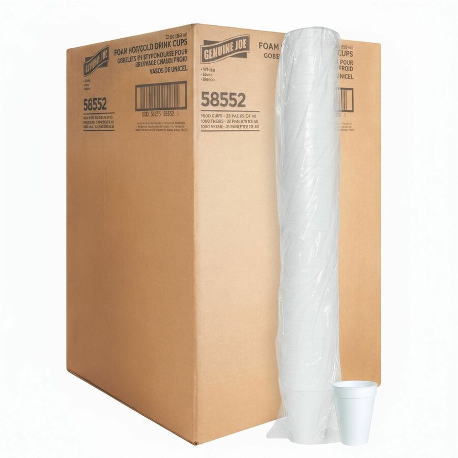 Genuine Joe 12 oz Hot/Cold Foam Cups - 12 fl oz - White - Foam - Hot Drink, Cold Drink - 40/Pack - 25 / Carton