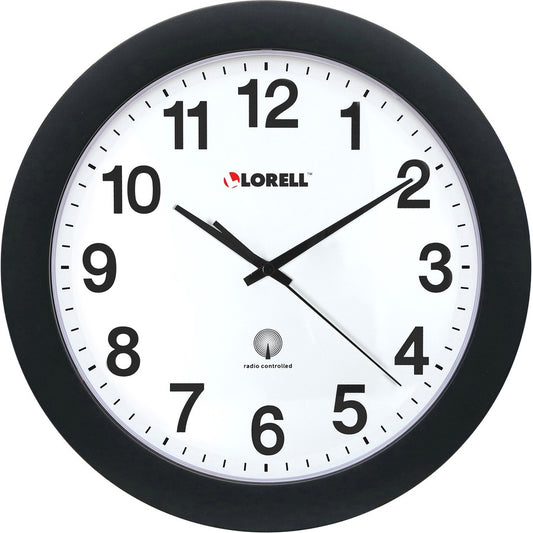 Lorell 12" Round Radio-Controlled Wall Clock - Analog - Quartz - White Main Dial - Black Case - Plastic