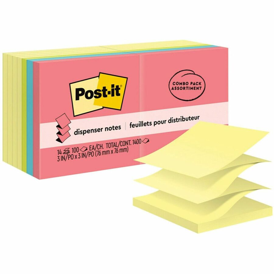 Post-it&reg, Dispenser Notes - Poptimistic Color Collection and Canary Yellow - 1400 - 3" Flag/Note Width x 3" Flag/Note Length - Square - 100 Sheets per Pad - Unruled - Pink, Blue, Green, Yellow - Paper - Self-adhesive, Repositionable - 14 / Pack