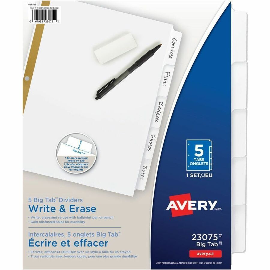 Avery Big Tab Write & Erase Dividers - 5 x Divider(s) - 5 Write-on Tab(s) - 5 - 5 Tab(s)/Set - 8.5" Divider Width x 11" Divider Length - 3 Hole Punched - White Paper Divider - White Paper Tab(s) - 20% - Writable, Erasable, Sturdy, Reusable, Gold Reinfo...