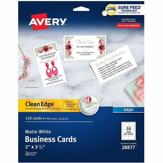 Avery, Clean Edge Business Cards, 2" x 3.5" , White, 120 (28877) - 110 Brightness - A8 - 2" x 3 1/2" - 93 lb Basis Weight - 254 g/m², Grammage - Matte - Rounded Corner, Smooth Edge, Unperforated, Avery Clean Edge Technology, Printable, Double-s...