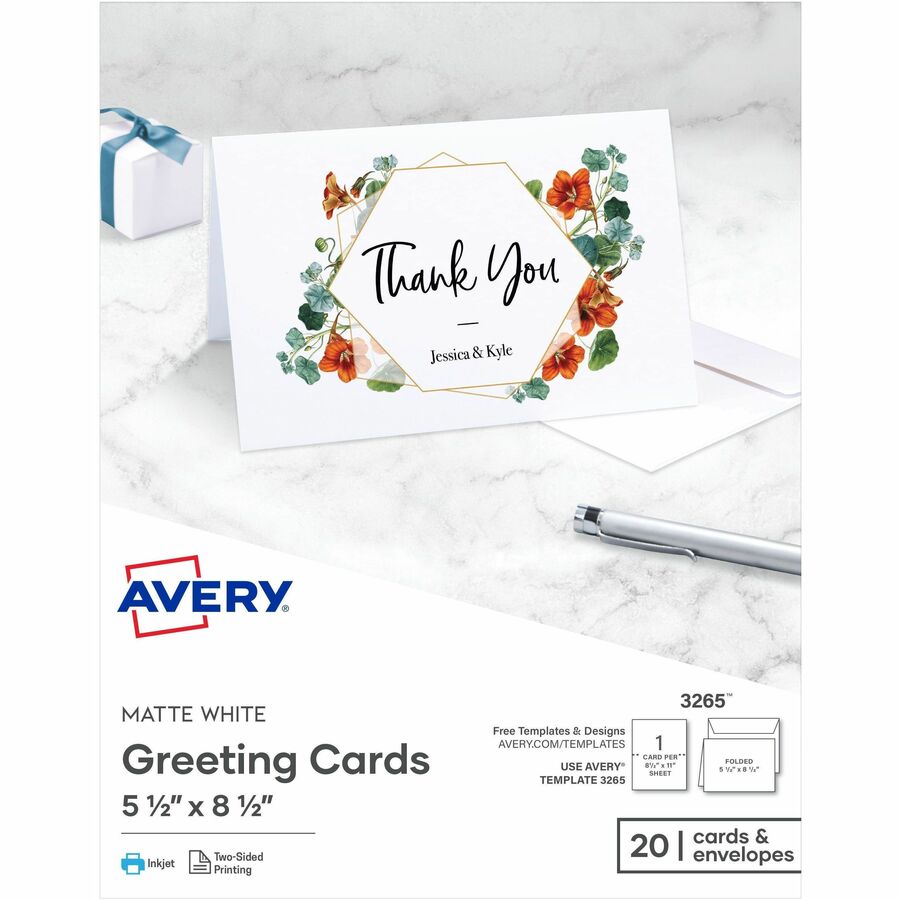 Avery&reg, Half-Fold Greeting Cards, Matte, 5-1/2" x 8-1/2" , 20 Cards/Envelopes (3265) - 97 Brightness - 5 1/2" x 8 1/2" - 80 lb Basis Weight - 216 g/m², Grammage - Matte - Heavyweight, Smooth Edge, Micro Perforated, Pre-scored, Foldable - Red - 2...