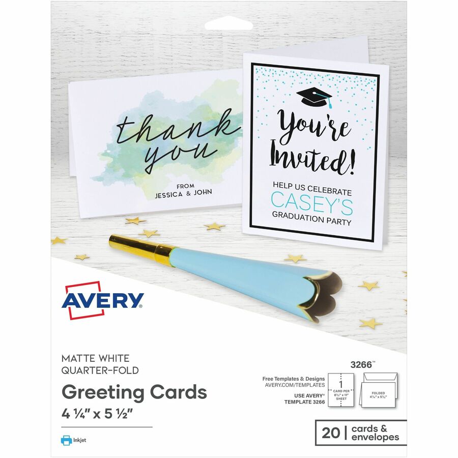 Avery&reg, Quarter-Fold Greeting Cards & Envelopes, 4.25" x 5.5" (3266) - 97 Brightness - 4 1/4" x 5 1/2" - 80 lb Basis Weight - 216 g/m², Grammage - Matte - Pre-scored, Micro Perforated, Foldable, Smooth Edge, Double-sided - White - 20 / Pack