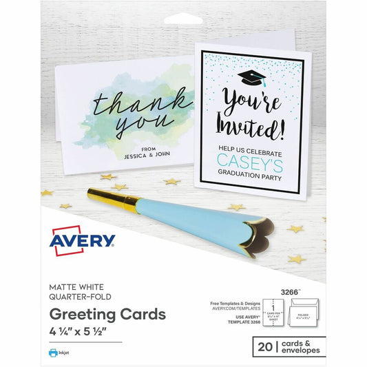 Avery, Quarter-Fold Greeting Cards & Envelopes, 4.25" x 5.5" (3266) - 97 Brightness - 4 1/4" x 5 1/2" - 80 lb Basis Weight - 216 g/m², Grammage - Matte - Pre-scored, Micro Perforated, Foldable, Smooth Edge, Double-sided - White - 20 / Pack