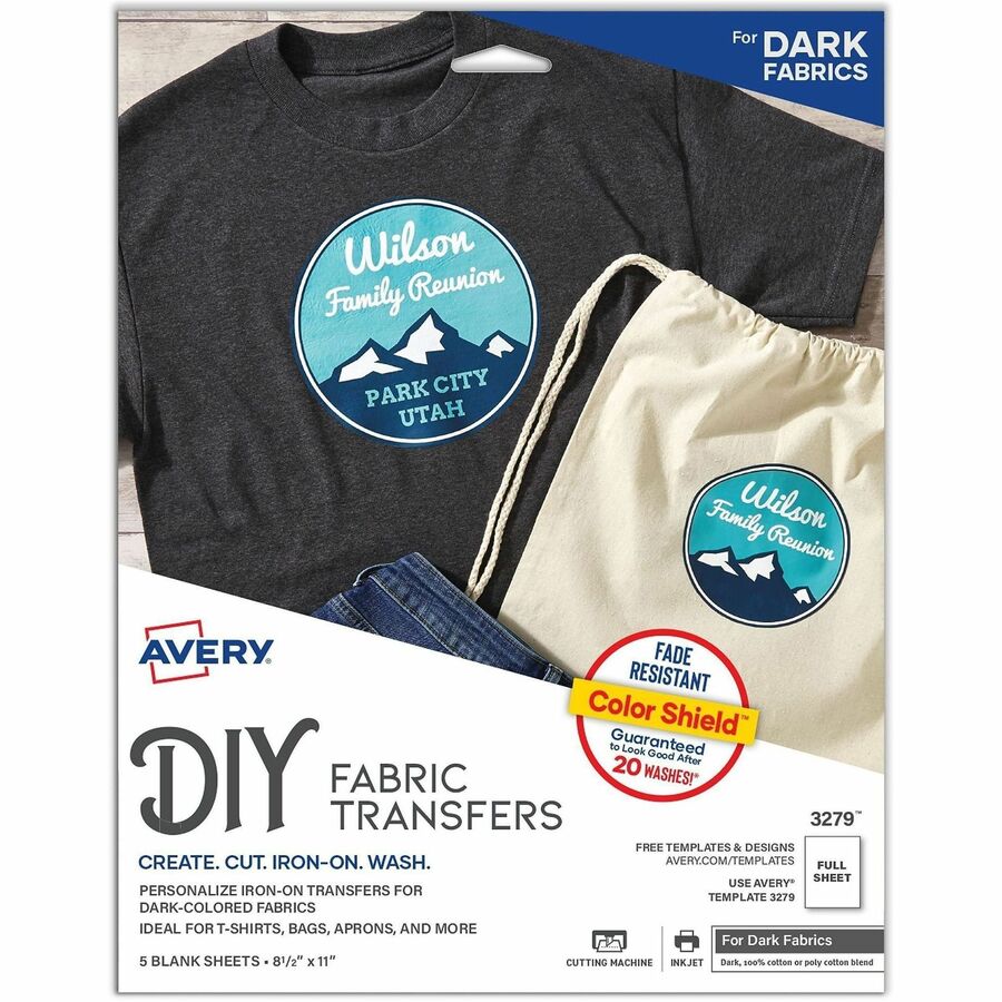 Avery Heat Transfer Paper for Dark Fabrics, 5 Sheets (3279) - Letter - 8 1/2" x 11" - Matte - Fade Resistant, Crack Resistant, Long Lasting, Heat-seal Backing, Stretchable, Washable - 30 Sheets - 5 / Pack