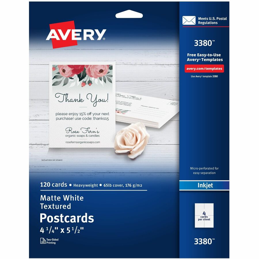 Avery&reg, Postcards, 4.25" x 5.5" , Matte, Laser & Inkjet, 120ct (3380) - 90 Brightness - 4 1/4" x 5 1/2" - 65 lb Basis Weight - 176 g/m², Grammage - Textured Matte - Micro Perforated, Smudge-free, Jam-free, Perforated, Printable, Double-sided, Sm...