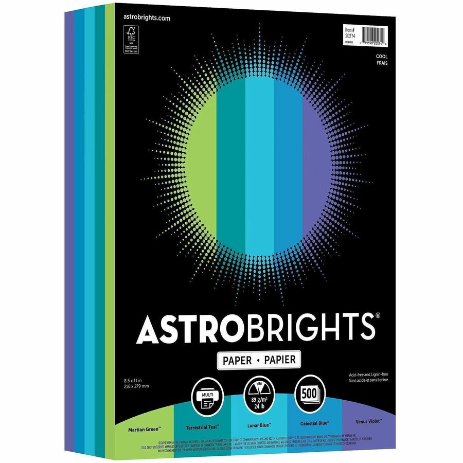 Astrobrights Color Copy Paper - "Cool" , 5 Assorted Colours - Letter - 8 1/2" x 11" - 24 lb Basis Weight - Acid-free, Lignin-free - Martian Green, Terrestrial Teal, Lunar Blue, Celestial Blue, Venus Violet - 1 Ream