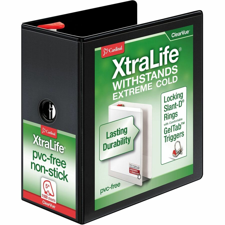 Cardinal&reg, Xtralife ClearVue Locking Slant-D Binder - 5" Binder Capacity - Letter - 8 1/2" x 11" Sheet Size - 1100 Sheet Capacity - 4 3/8" Spine Width - 3 Ring - Fastener: D-Ring - Pocket: 2, Inside Front & Back - Polyolefin - Black - 2.25 lb - Hing...
