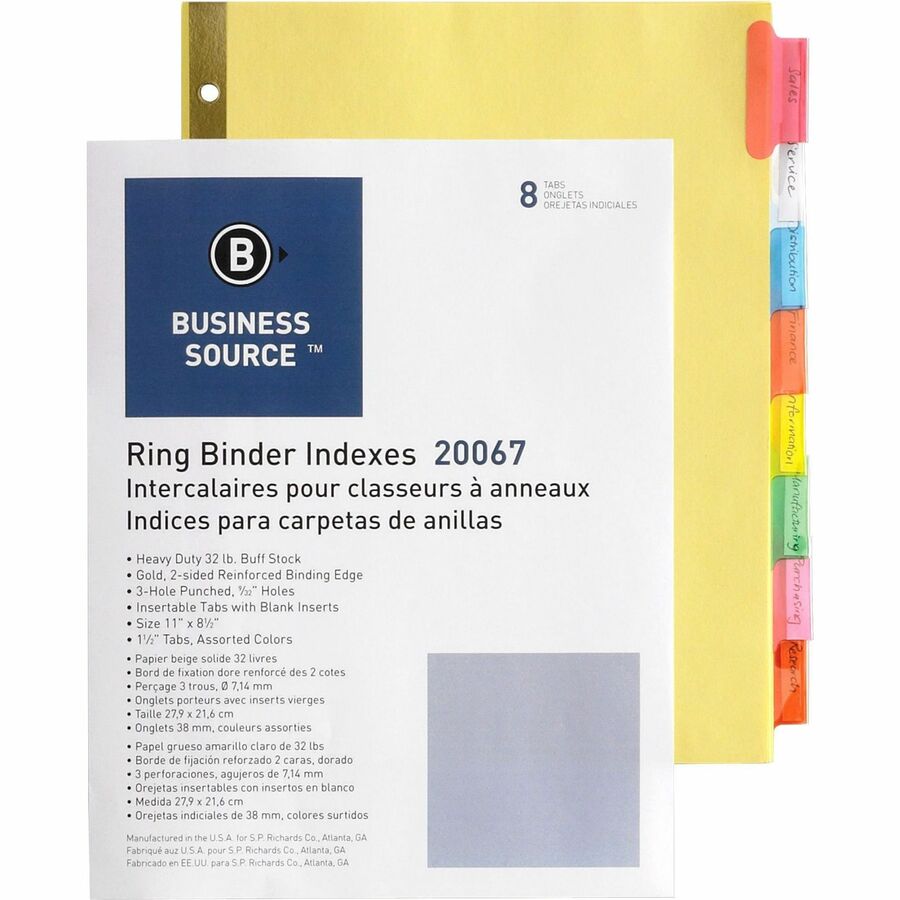 Business Source Reinforced Insertable Tab Indexes - 8 x Divider(s) - 8 Tab(s)/Set - 1.50" Tab Width - 8.5" Divider Width x 11" Divider Length - Letter - 3 Hole Punched - Buff Divider - Manila Tab(s) - Mylar Reinforcement, Insertable, Reinforced Edges...