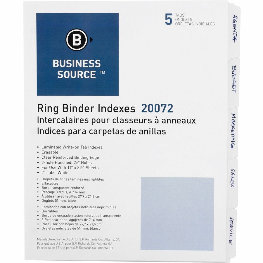 Business Source 3-Ring 5-Tab Erasable Tab Indexes - 5 Write-on Tab(s) - 2" Tab Width - 8.5" Divider Width x 11" Divider Length - Letter - 3 Hole Punched - White Divider - Mylar Tab(s) - 100% Recycled - Erasable, Reinforced Edges, Punched, Laminated Tab...