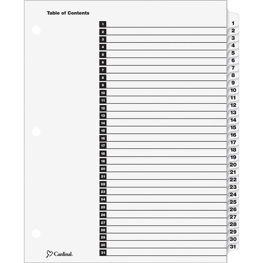 Cardinal&reg, OneStep Daily Index System - 31 x Divider(s) - Printed Tab(s) - Digit - 1-31 - 31 Tab(s)/Set - 9" Divider Width x 11" Divider Length - Letter - 8.50" Width x 11" Length - 3 Hole Punched - White Divider - White Tab(s) - Reinforced Tab, Rei...