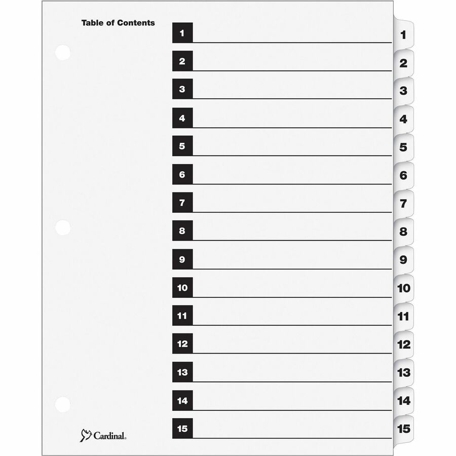 Cardinal&reg, OneStep Numbered Index System - 15 x Divider(s) - Printed Tab(s) - Digit - 1-15 - 15 Tab(s)/Set - 9" Divider Width x 11" Divider Length - Letter - 8.50" Width x 11" Length - 3 Hole Punched - White Divider - White Tab(s) - Reinforced Tab...