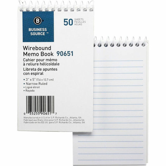 Business Source Wirebound Memo Books - 50 Sheet(s) - Wire Bound - 5" x 3" Sheet Size - White - White Sheet(s) - 12 / Dozen