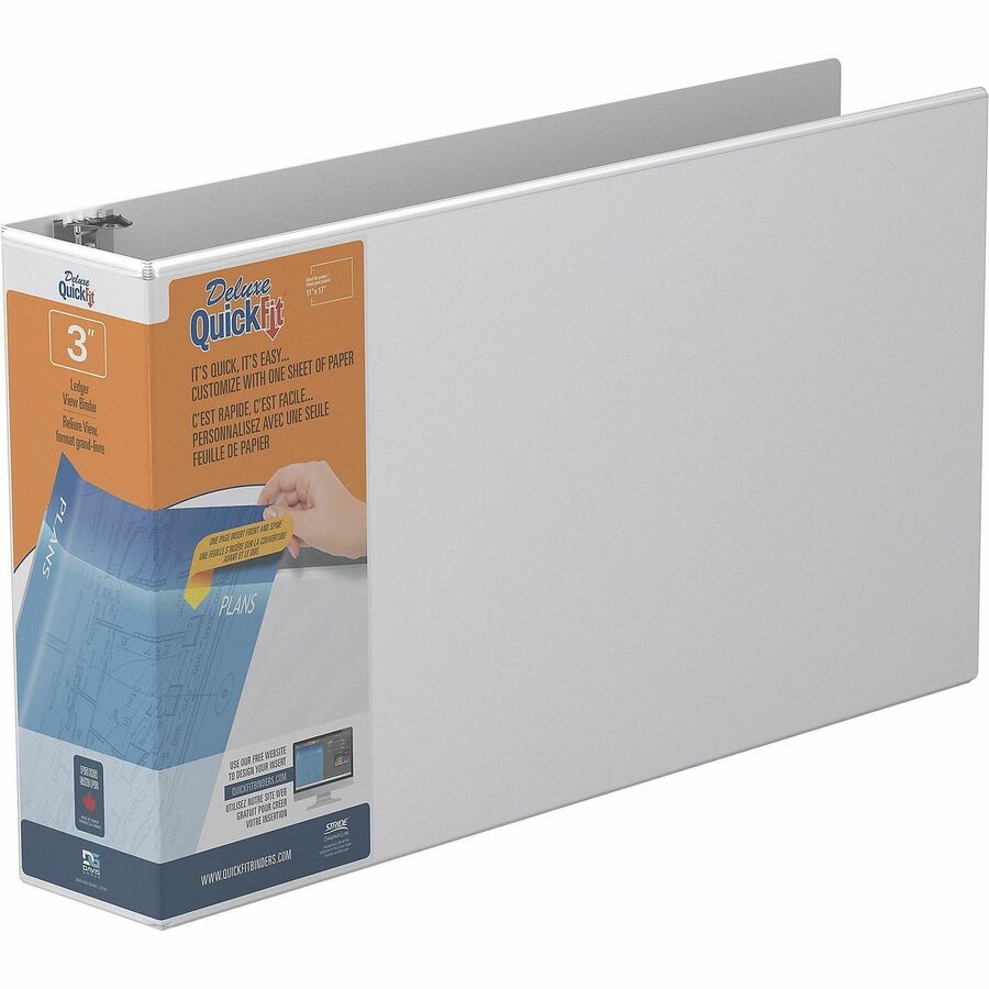 QuickFit Heavy-Duty Landscape 3-Ring Binder, D-Ring, View Binder, 3 Inch, White - 3" Binder Capacity - 11" x 17" Sheet Size - 625 Sheet Capacity - 3 x 3" Ring - Fastener: D-Ring - Polypropylene - Black - Recycled - Locking Mechanism, Spine Label, Antim...