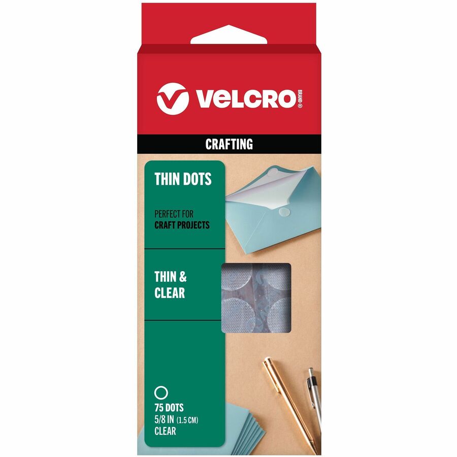 VELCRO&reg, Thin Clear Fasteners 5/8in Circles Clear 75 ct - 0.63" Diameter - Clear - Water Resistant - For Indoor, Outdoor, Card, Crafting, Scrapbooking, Project, Glass, Plastic, Classroom, Office, Home, ... Carton - 1 Pack