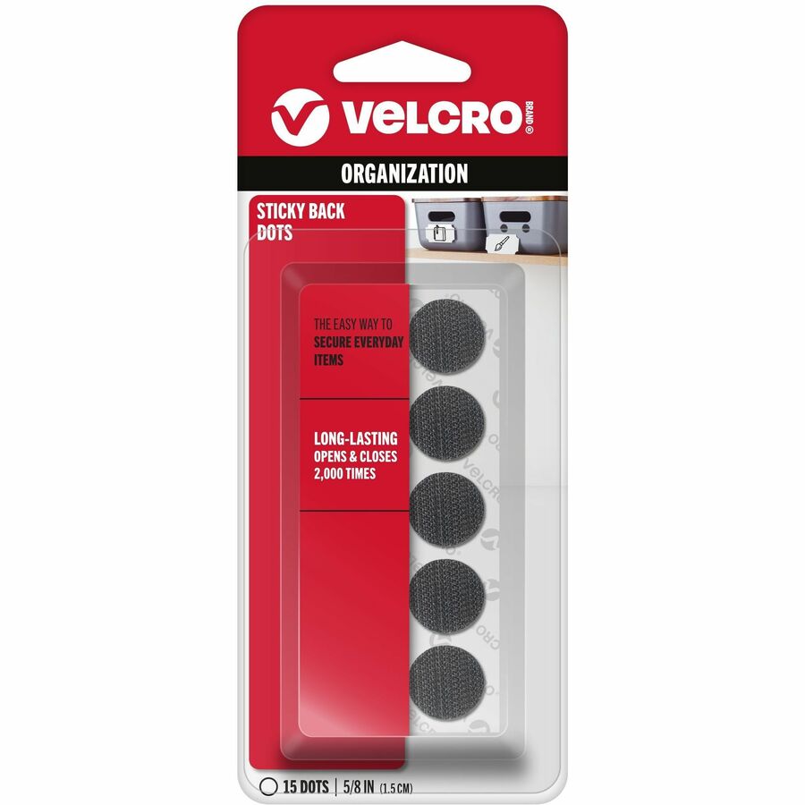 VELCRO&reg, Sticky Back 5/8in Circles Black 15 ct - 0.63" Diameter - Black - For Multipurpose, School, Smooth Surface, Indoor, Outdoor, Mounting - 15 / Pack
