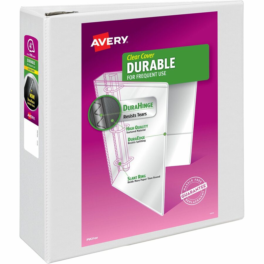 Avery&reg, Durable View 3 Ring Binder - 4" Binder Capacity - Letter - 8 1/2" x 11" Sheet Size - 780 Sheet Capacity - 3 Ring - Fastener: D-Ring - Pocket: 4, Internal - Polypropylene - White - Durable, Easy Insert Spine, Exposed Rivet, Gap-free Ring, Lon...
