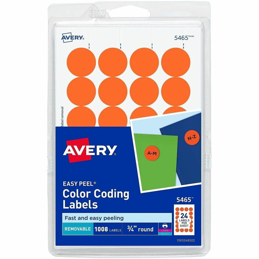 Avery&reg, 3/4" Round Removable Color Coding Labels - 4" Height x 6" Width x 3/4" Diameter - Removable Adhesive - Round - Laser, Inkjet - Matte - Orange - Paper - 24 / Sheet - 42 Total Sheets - 1008 Total Label(s) - 1008 / Pack