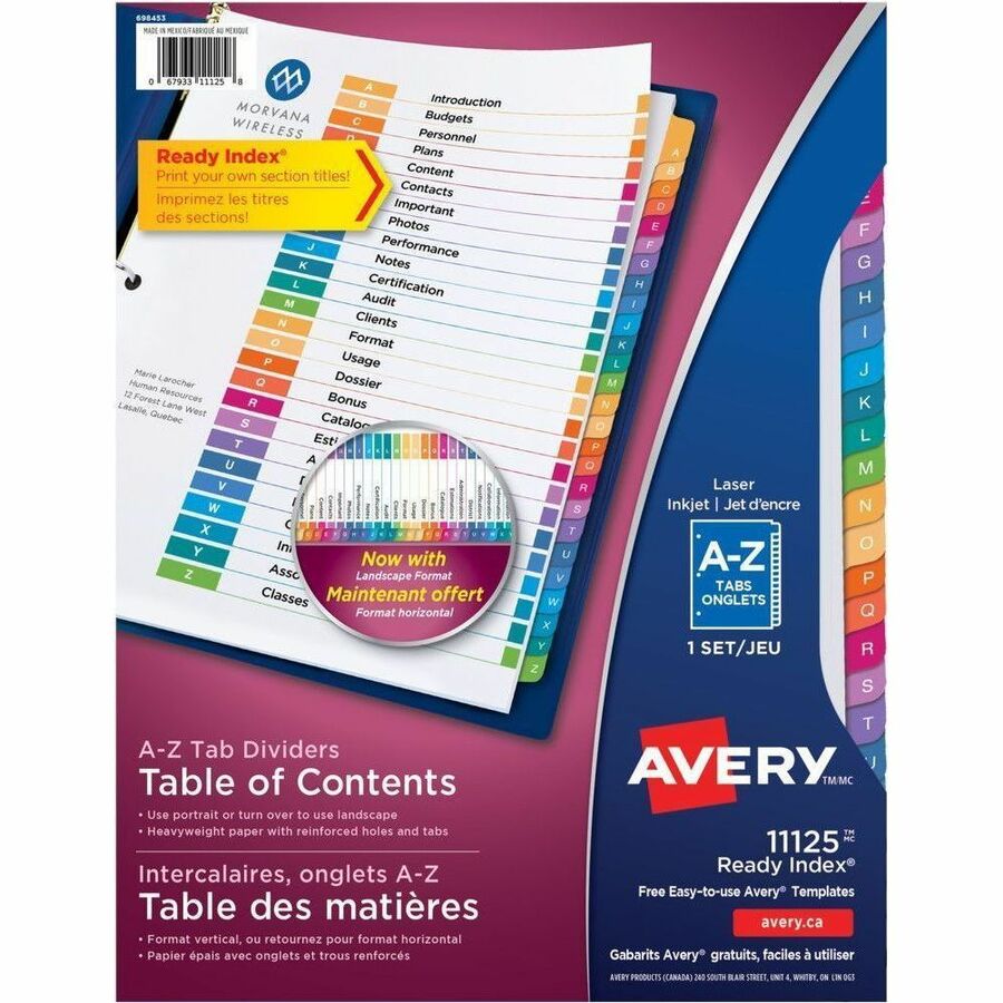 Avery Ready Index Table of Contents Dividers - 26 x Divider(s) - 26 Printed Tab(s) - Alphabet - A-Z - 26 Tab(s)/Set - 8.5" Divider Width x 11" Divider Length - Letter - 8.50" Width x 11" Length - 3 Hole Punched - White Paper Divider - Multicolor Paper...