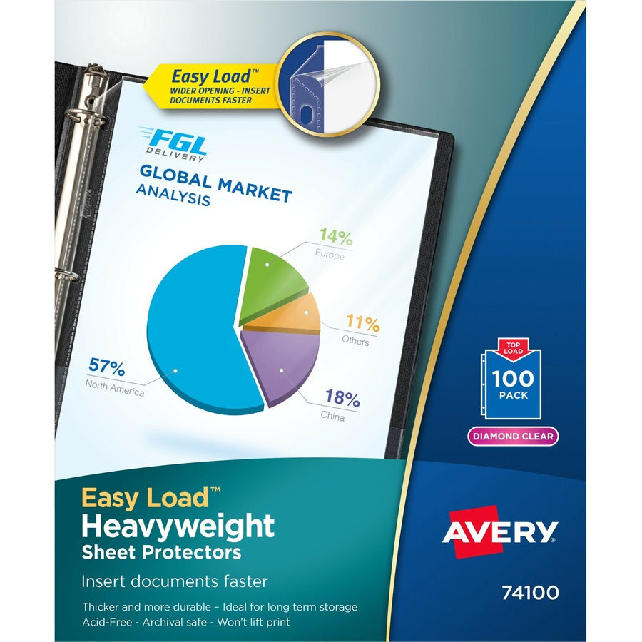 Avery&reg, Heavyweight Sheet Protectors - Acid-free, Archival-safe - 1 x Sheet Capacity - For Letter 8 1/2" x 11" Sheet - 3 x Holes - 3 x Rings - Ring Binder - Top Loading - Rectangular - Diamond Clear - Polypropylene - 100 / Box