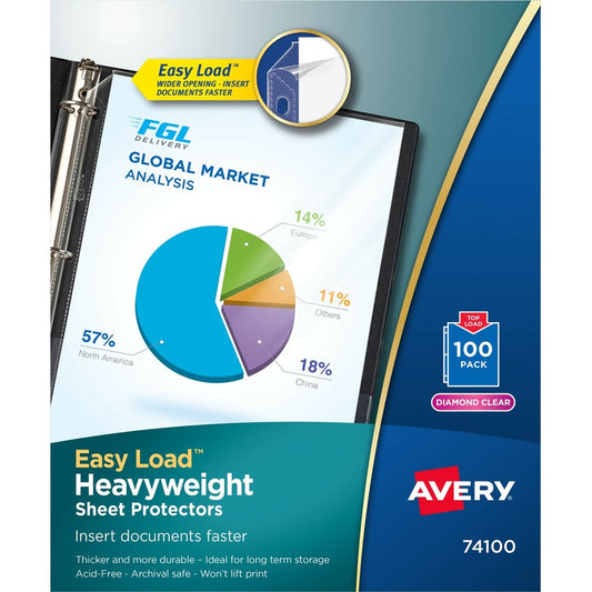 Avery, Heavyweight Sheet Protectors - Acid-free, Archival-safe - 1 x Sheet Capacity - For Letter 8 1/2" x 11" Sheet - 3 x Holes - 3 x Rings - Ring Binder - Top Loading - Rectangular - Diamond Clear - Polypropylene - 100 / Box