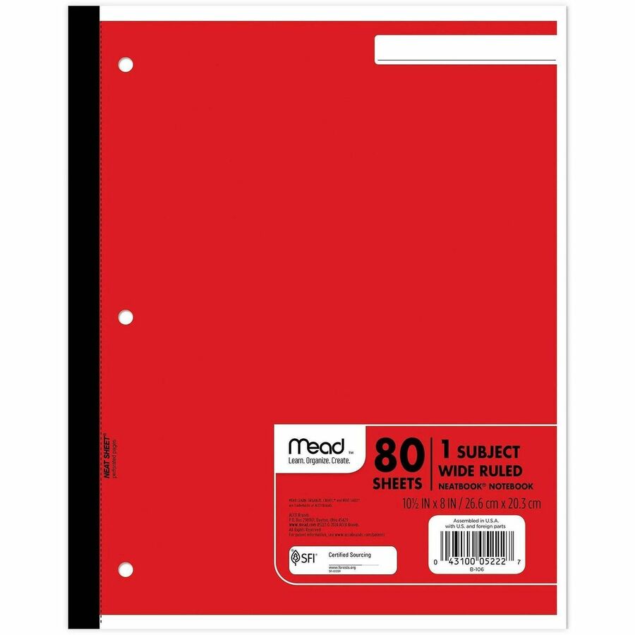 Mead Neatbook One-subject Notebook - 80 Sheets - Ruled Margin - 8" x 10 1/2" Sheet Size - White Paper - Green, Blue, Red, Light Blue Cover - Perforated - 1 Each