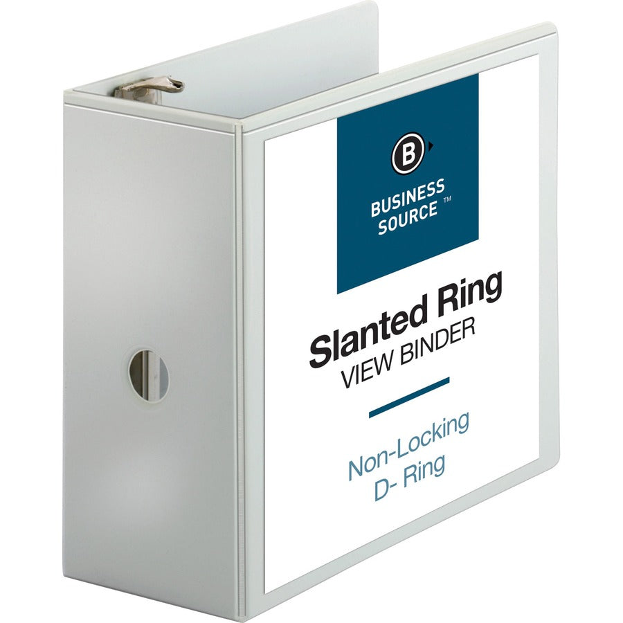 Business Source Basic D-Ring White View Binders - 5" Binder Capacity - Letter - 8 1/2" x 11" Sheet Size - Fastener: D-Ring - Polypropylene - White - 2.10 lb - Clear Overlay - 1 Each