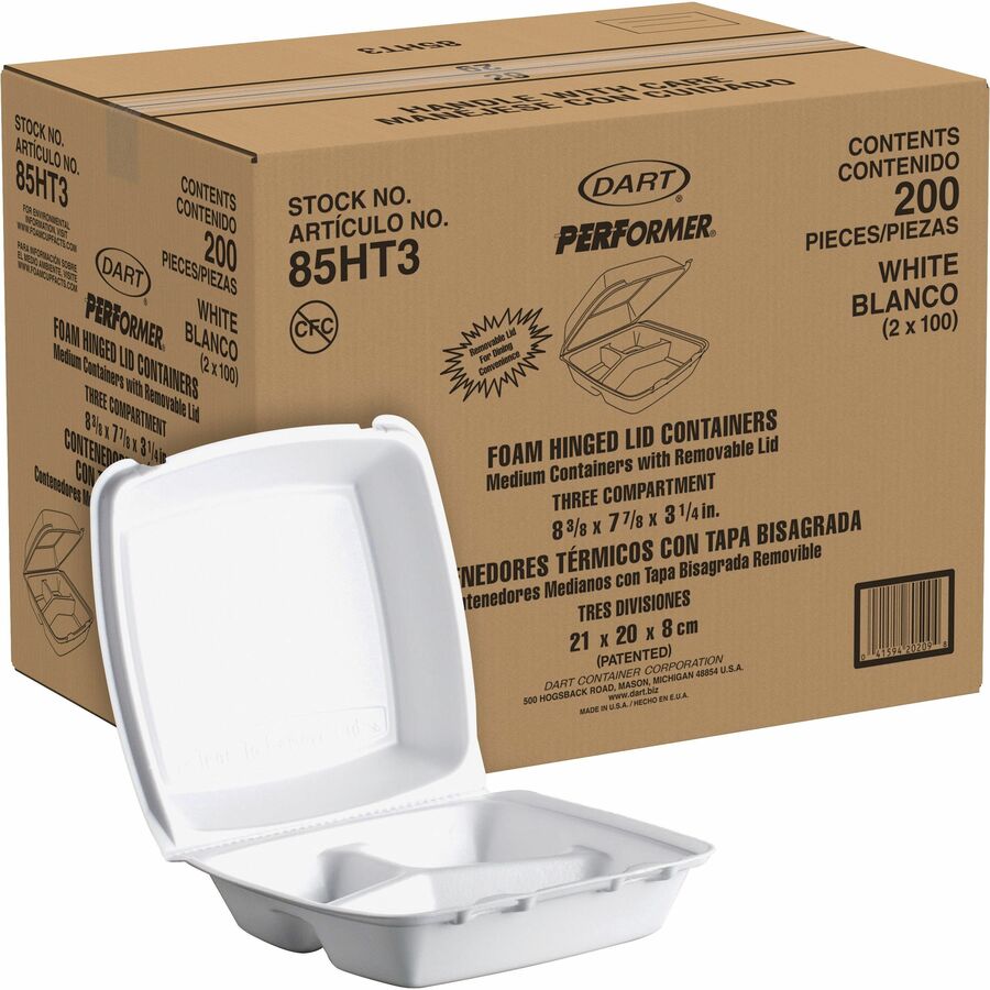 Dart 8-1/2" Triple-Compartment Foam Containers - White - Foam Body - 200 / Carton