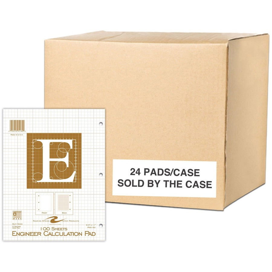Roaring Spring 5x5 Grid Engineering Pad - 100 Sheets - 200 Pages - Printed - Glued - Back Ruling Surface - 3 Hole(s) - 20 lb Basis Weight - 75 g/m², Grammage - Letter - 11" x 8 1/2" Sheet Size - 0.40" Height x 8.5" Width x 11" Length - Buff Paper...