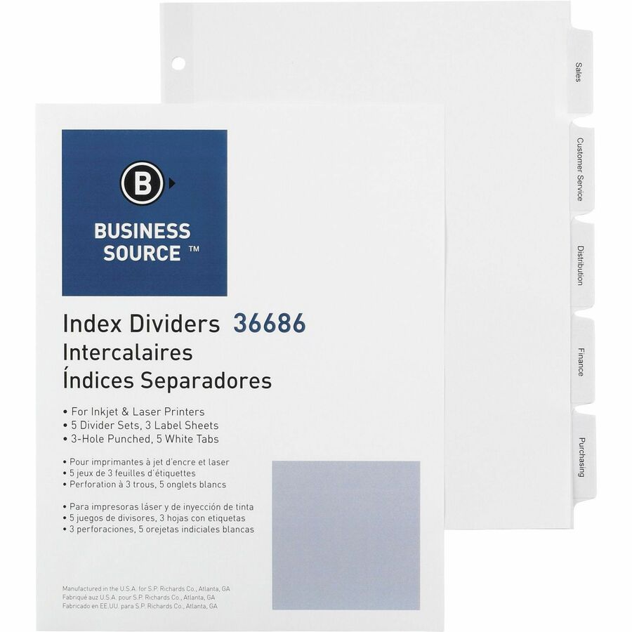 Business Source Punched Tabbed Laser Index Dividers - 5 Blank Tab(s) - 5 Tab(s)/Set - 11" Divider Width - 3 Hole Punched - White Paper Divider - White Tab(s) - 100% Recycled - Mylar Reinforcement, Reinforced, Punched - 1 Pack