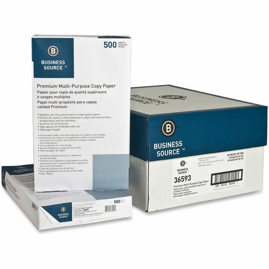 Business Source Premium Multipurpose Copy Paper - White - 92 Brightness - Legal - 8 1/2" x 14" - 20 lb Basis Weight - Acid-free - White - 500 Sheets per Ream - 10 / Carton