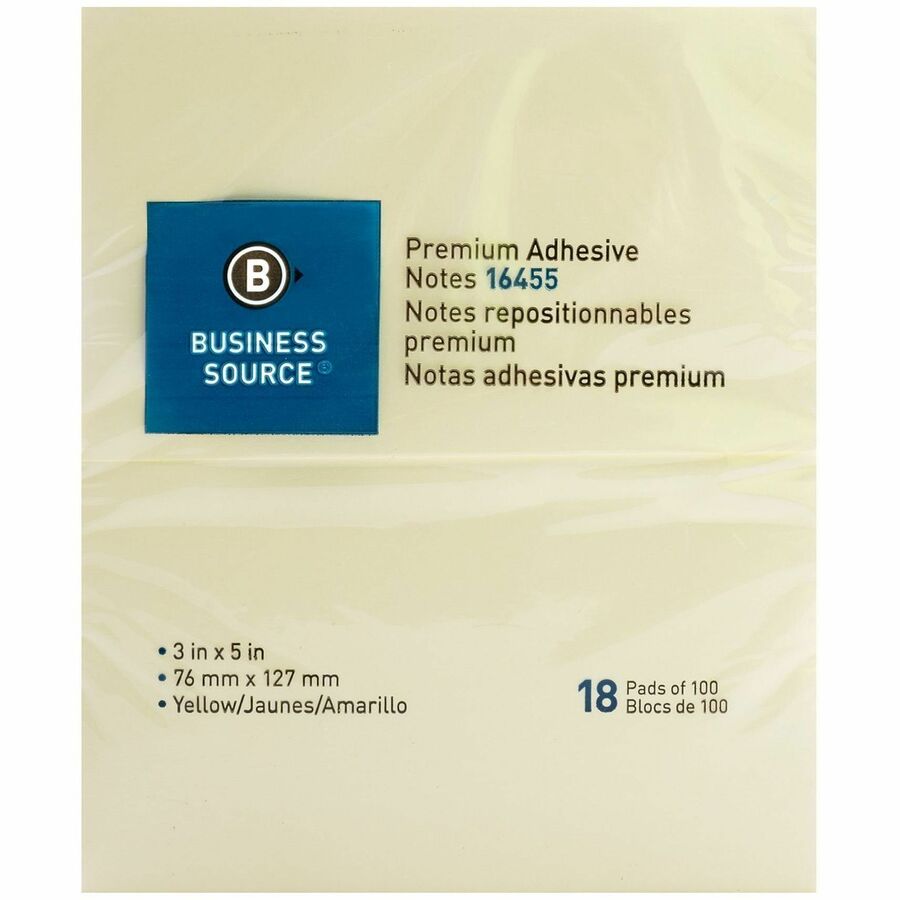 Business Source Repositionable Notes - 3" Flag/Note Width x 5" Flag/Note Length - Rectangle - Yellow - Repositionable, Solvent-free Adhesive - 18 / Pack