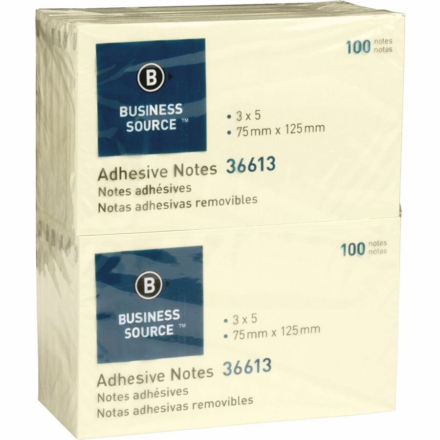 Business Source Yellow Repositionable Adhesive Notes - 3" Flag/Note Width x 5" Flag/Note Length - Rectangle - Yellow - Repositionable, Solvent-free Adhesive - 12 / Pack