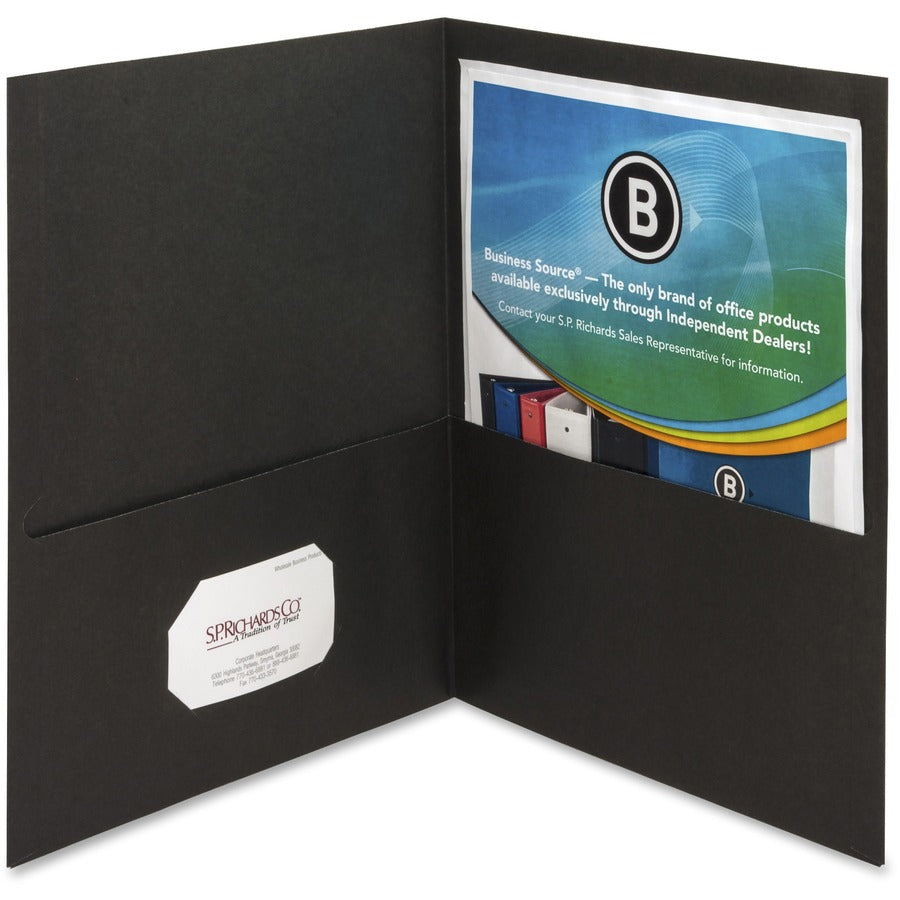 Business Source Letter Recycled Pocket Folder - 8 1/2" x 11" - 100 Sheets Capacity - 2 Inside Front & Back Pocket - Paper - Black - Card Holder - 35% Recycled - 25 / Box