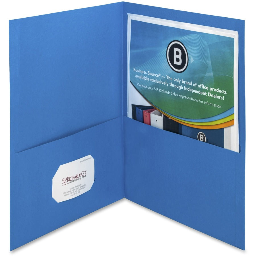 Business Source Letter Recycled Pocket Folder - 8 1/2" x 11" - 100 Sheets Capacity - 2 Inside Front & Back Pocket - Paper - Blue - Card Holder - 35% Recycled - 25 / Box
