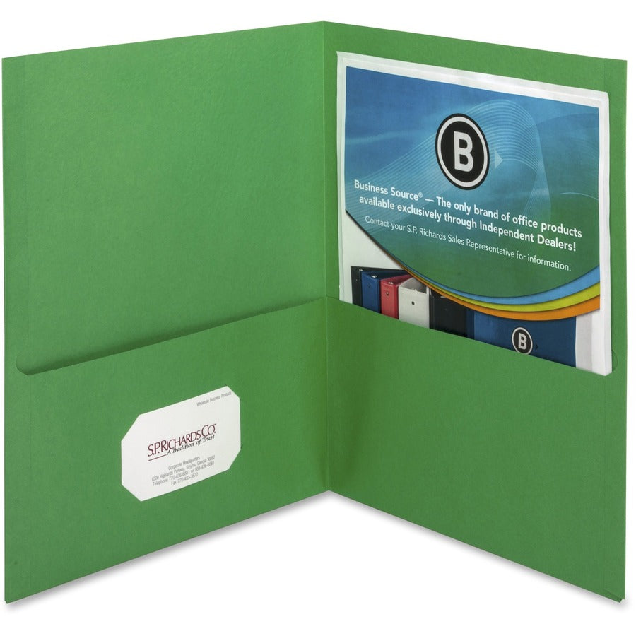 Business Source Letter Recycled Pocket Folder - 8 1/2" x 11" - 100 Sheets Capacity - 2 Inside Front & Back Pocket - Paper - Green - Card Holder - 35% Recycled - 25 / Box