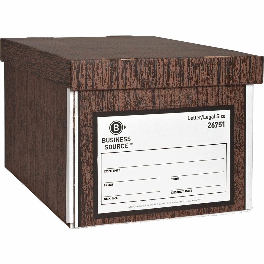 Business Source Economy Medium-duty Storage Boxes - External Dimensions: 10" Width x 12" Depth x 15" Height - Media Size Supported: Legal, Letter - Lift-off Closure - Medium Duty - Stackable - Cardboard - Wood Grain - For File - Recycled - 12 / Carton