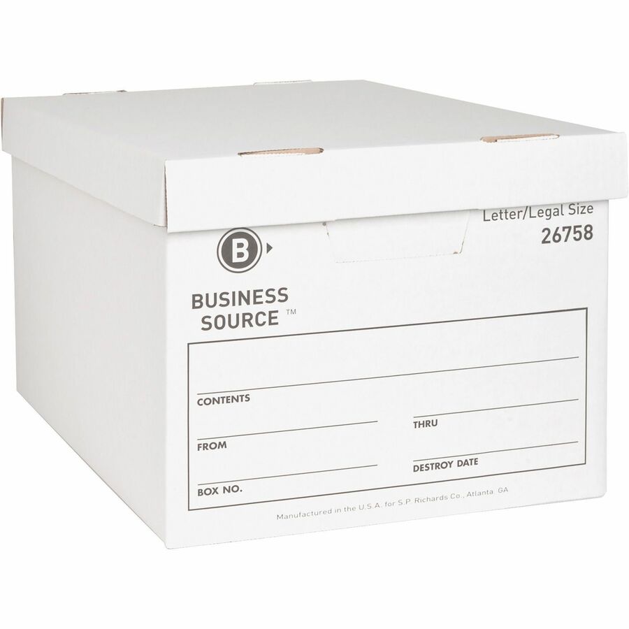 Business Source Lift-off Lid Heavy-Duty Storage Box - External Dimensions: 12" Width x 15" Depth x 10" Height - Media Size Supported: Legal, Letter - Lift-off Closure - Heavy Duty - Stackable - Cardboard - White - For File - Recycled - 12 / Carton
