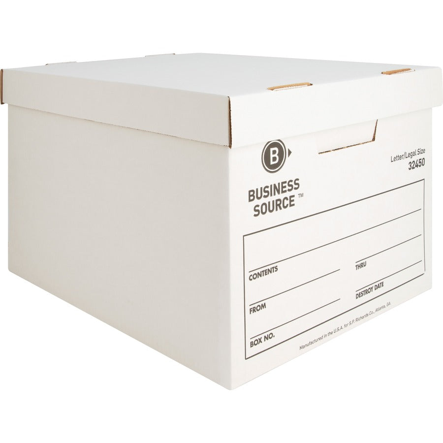 Business Source Quick Setup Medium-Duty Storage Box - External Dimensions: 12" Width x 15" Depth x 10" Height - Media Size Supported: Legal, Letter - Lift-off Closure - Medium Duty - Stackable - White - For File - Recycled - 12 / Carton
