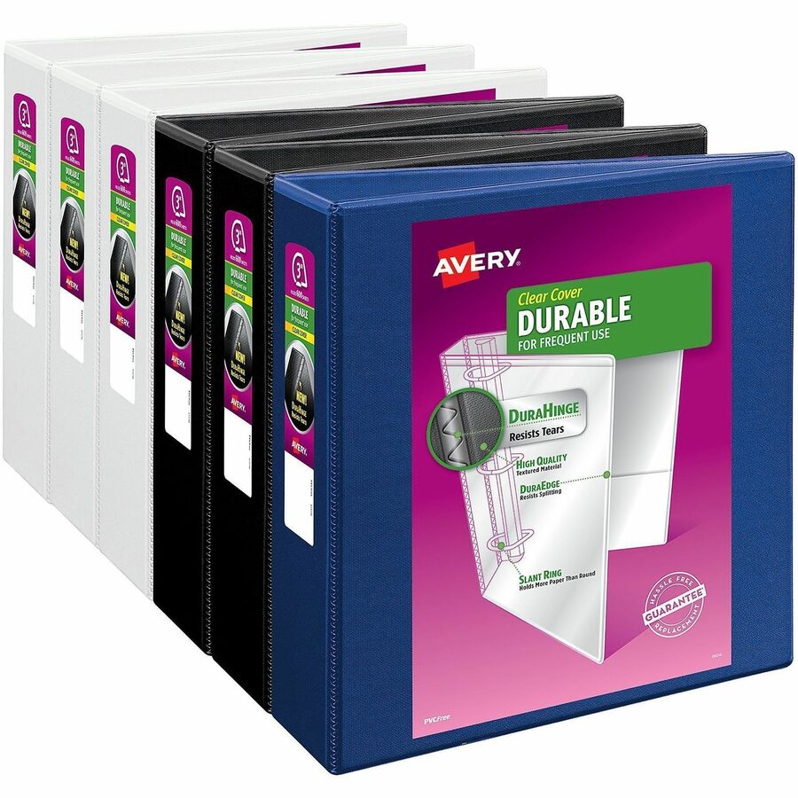 Avery&reg, Durable View 3 Ring Binder - 3" Binder Capacity - Letter - 8 1/2" x 11" Sheet Size - 635 Sheet Capacity - 635 Ring - Fastener: Slant Ring - Pocket: 2, Internal - Polypropylene - Black, Blue, White - Adhesive, Durable, Flexible, Pocket, Recyc...