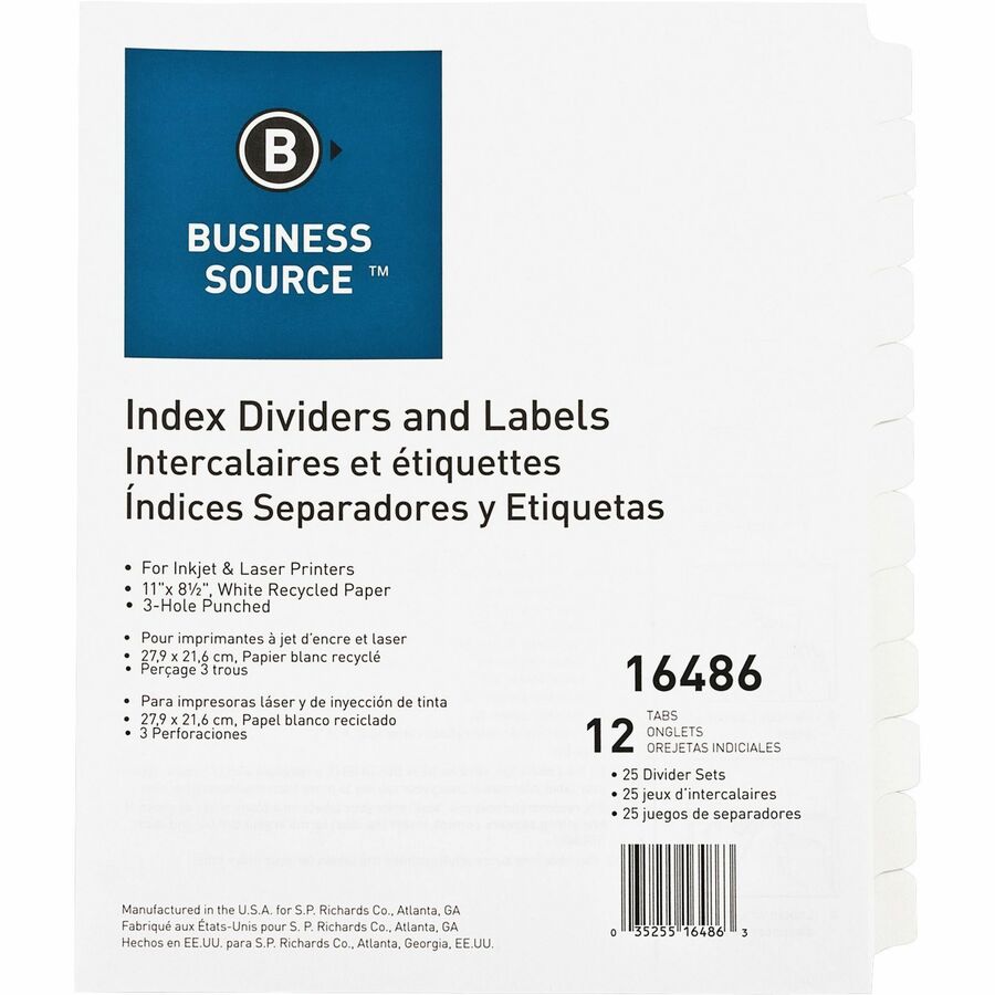 Business Source Customize 12-Tab Index Dividers - 12 x Divider(s) - 12 Print-on Tab(s) - 12 Tab(s)/Set - 8.3" Divider Width - 3 Hole Punched - White Divider - White Tab(s) - 100% Recycled - Punched, Mylar Reinforcement - 1 Box