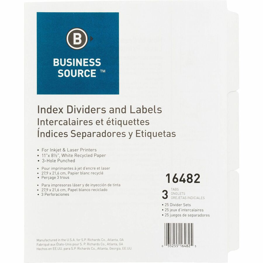 Business Source 3-Hole Punched Laser Index Tabs - 3 Tab(s) - 3 Tab(s)/Set - 8.5" Divider Width x 11" Divider Length - Letter - 3 Hole Punched - White Tab(s) - 100% Recycled - Punched, Mylar Reinforcement - 1 Box