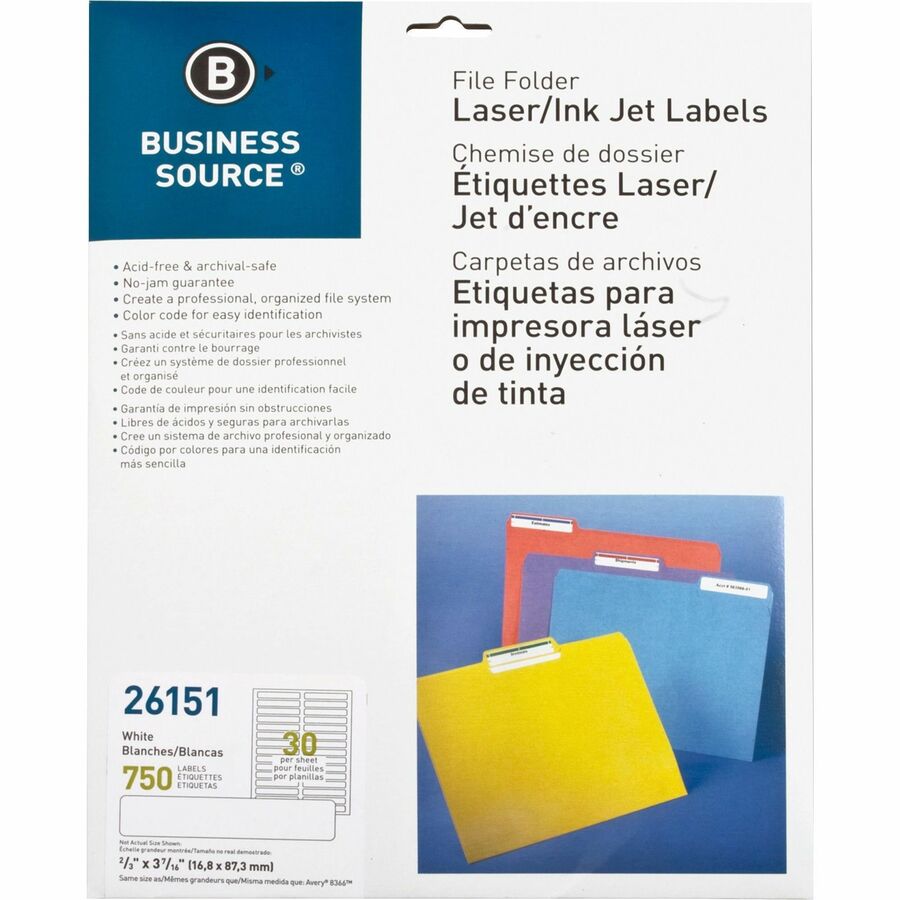 Business Source Laser/Inkjet Permanent File Folder Labels - 43/64" Width x 3 7/16" Length - Permanent Adhesive - Rectangle - Laser, Inkjet - White - 30 / Sheet - 750 / Pack