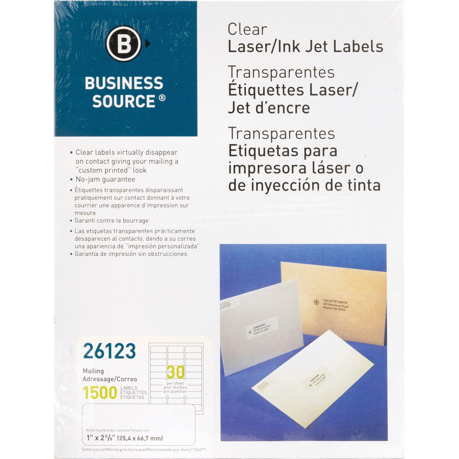 Business Source Mailing Address Labels - 1" Width x 2 3/4" Length - Permanent Adhesive - Rectangle - Laser - Clear - 30 / Sheet - 1500 / Pack