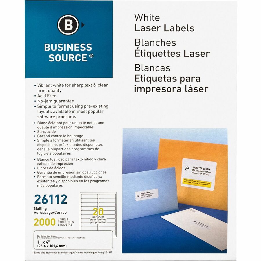 Business Source Bright White Premium-quality Address Labels - 1" Width x 4" Length - Permanent Adhesive - Rectangle - Laser, Inkjet - White - 20 / Sheet - 100 Total Sheets - 2000 / Pack