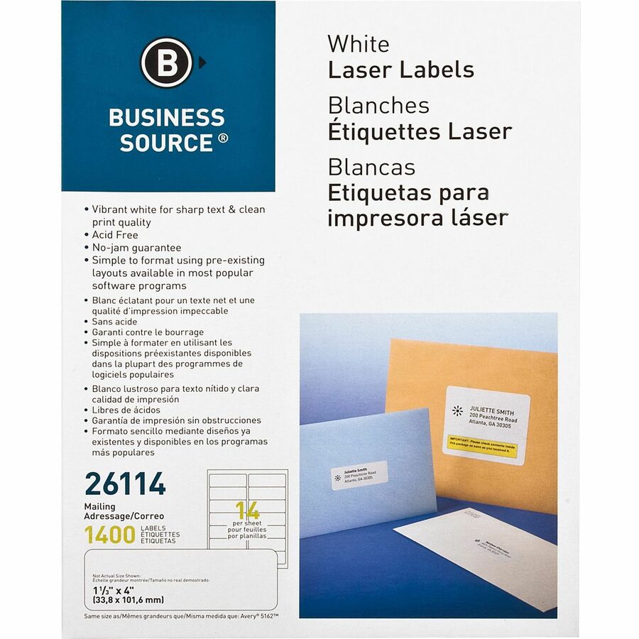 Business Source Bright White Premium-quality Address Labels - 1 1/3" Width x 4" Length - Permanent Adhesive - Rectangle - Laser, Inkjet - White - 14 / Sheet - 100 Total Sheets - 1400 / Pack