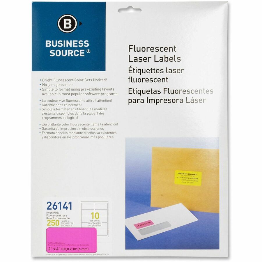 Business Source Neon Labels - 2" Width x 4" Length - Permanent Adhesive - Rectangle - Laser - Neon Pink - 10 / Sheet - 250 / Pack