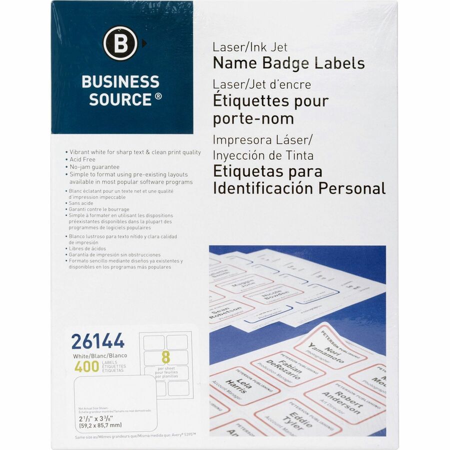 Business Source Laser/Inkjet Name Badge Labels - 2 1/3" Width x 3 3/8" Length - Rectangle - Laser, Inkjet - White - 8 / Sheet - 400 / Pack